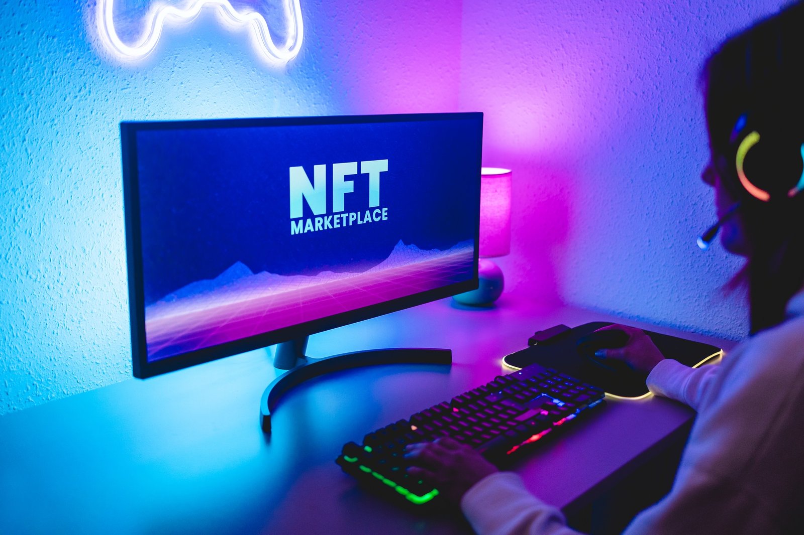 Gamer buying NFT on marketplace web platform for metaverse video games. Crypto money