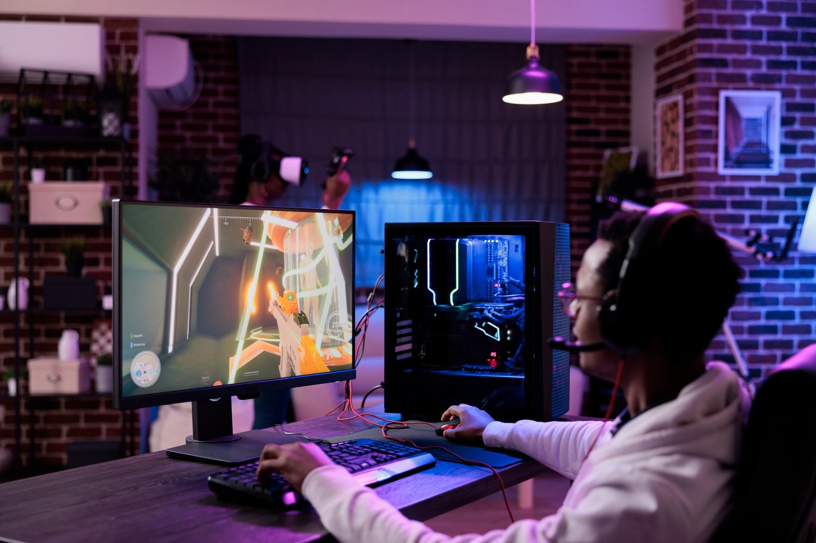 Male gamer playing video games competition online